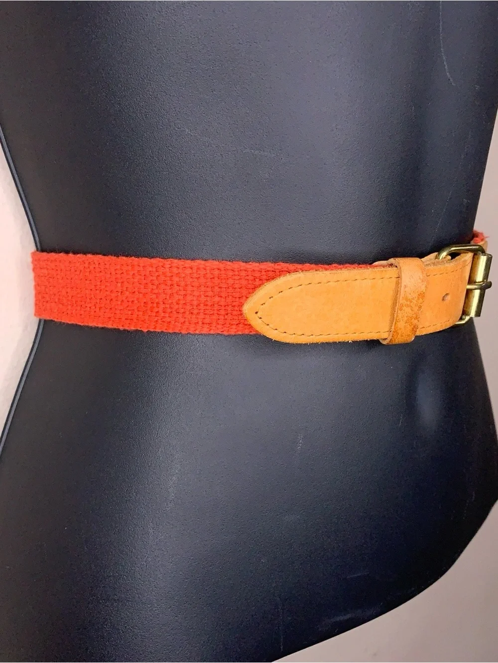 Vintage Small Red Canvas Tan Brown Leather Belt Womens 28 Inch Length Western